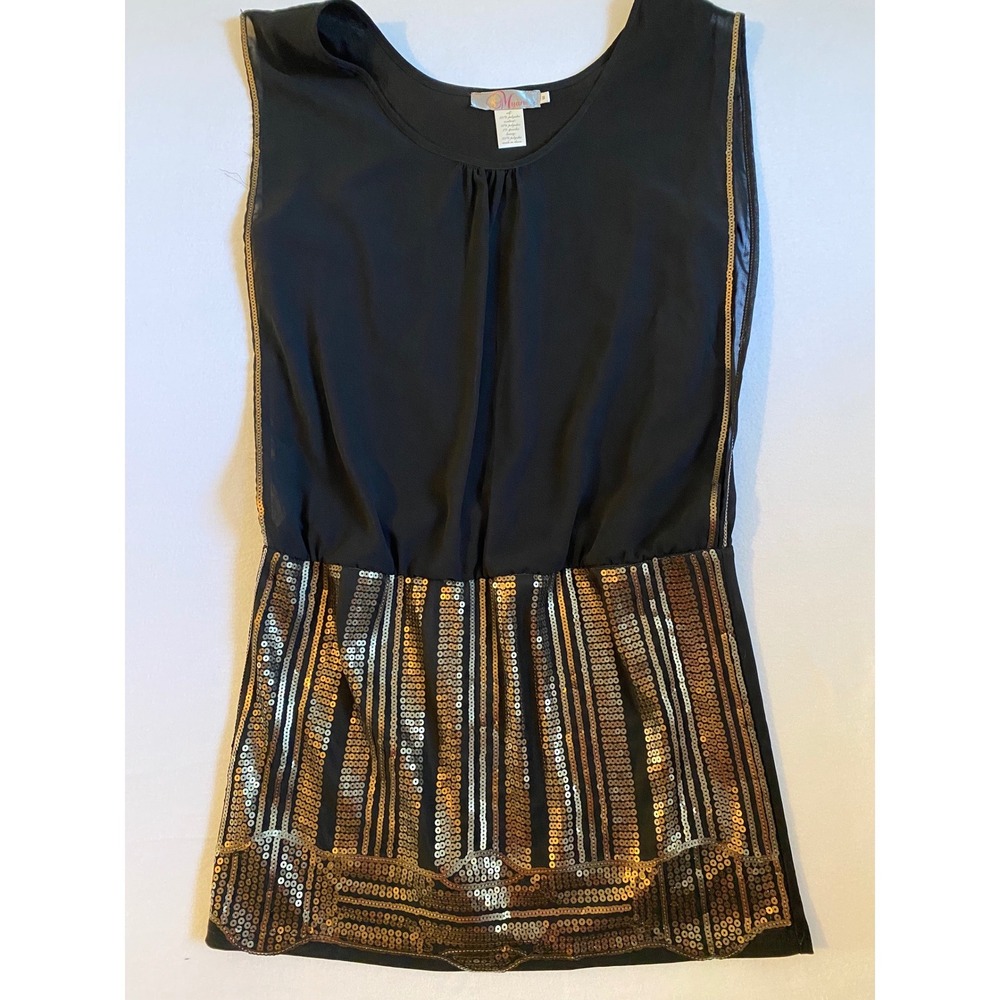 Myan Black Gold Sequin Mini Dress Sleeveless Party Cocktail AD7979 Womens Medium